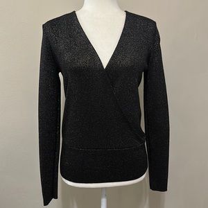 Black Silver Shimmer Sparkle Ann Taylor Faux Wrap V Neck Sweater Knit Top